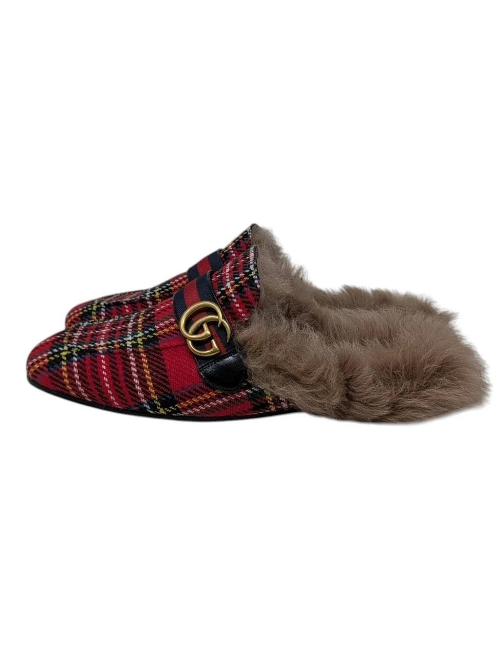 NEW Gucci GG Men's Red Plaid Fur Princetown Loafer Size 9.5